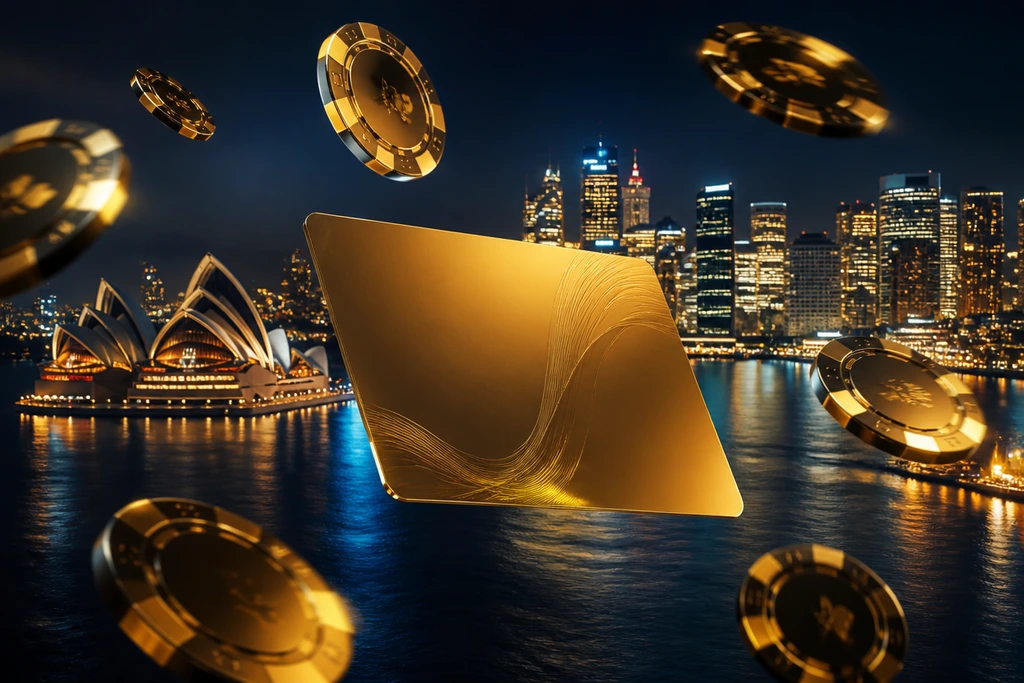 Stay Casino Australia VIP loyalty program with golden chips and city skyline