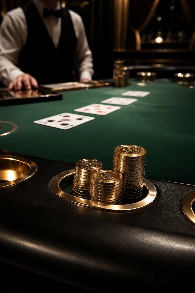 Stay Casino Australia live blackjack table with cards and golden chips